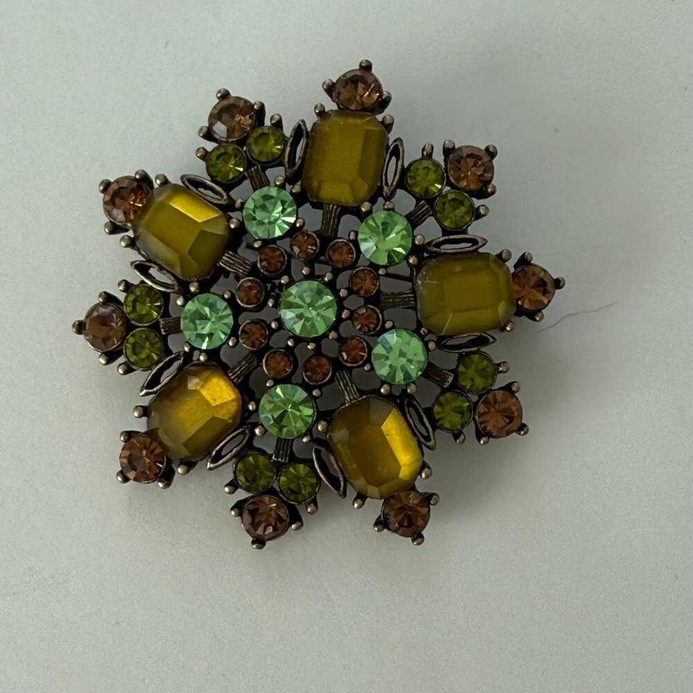 Vintage Fortunoff Rhinestone Brooch With Green & Amber Stones